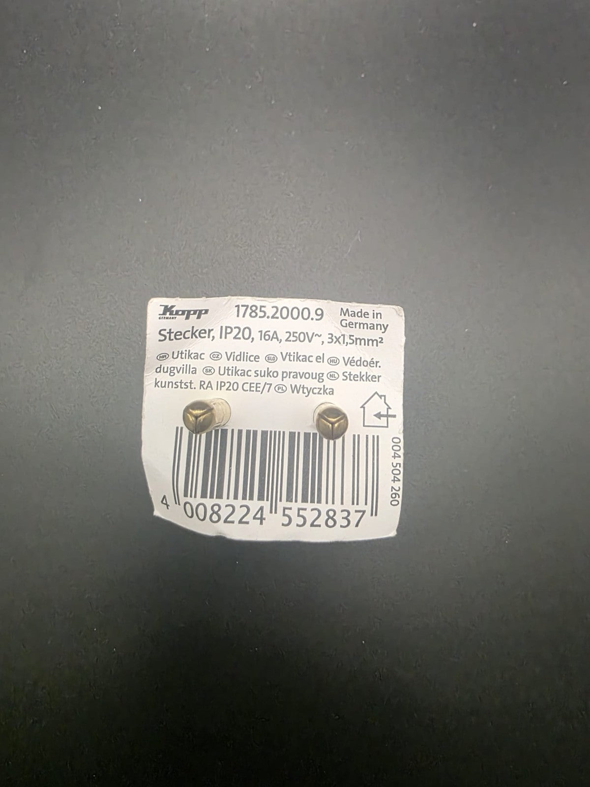 Kopp Schutzkontakt-Stecker grau 16A 250V Schuko Stecker IP20 neu